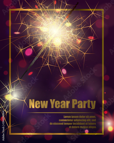 Happy new year banner, poster, holiday background. Celebrate party sparkler little fireworks. Christmas holiday design, decor. Vector illustration.