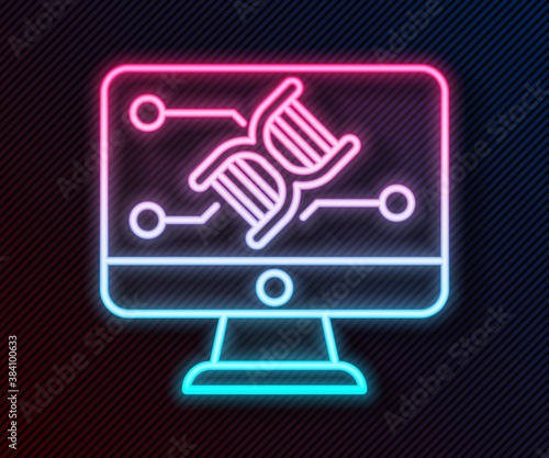 Glowing neon line Genetic engineering modification on monitor icon isolated on black background. DNA analysis, genetics testing, cloning. Vector.