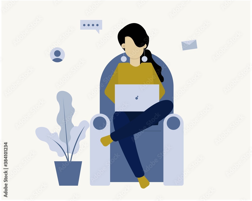 Girl with laptop sitting on the sofa. Freelance, work from home or studying from home concept. Flat illustration. Girl with laptop sitting on the sofa. Freelance, work from home or studying from home concept. Flat illustration.
