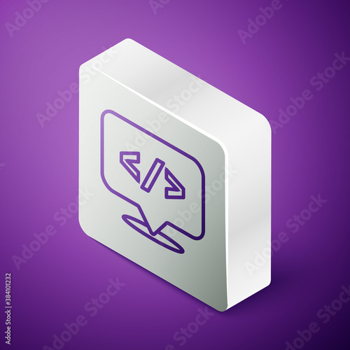 Isometric line Web design and front end development icon isolated on purple background. Silver square button. Vector.
