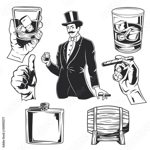 Isolated illustrations set of gentlemen, wiskey glasses, cigar, hands, barrel and flask
