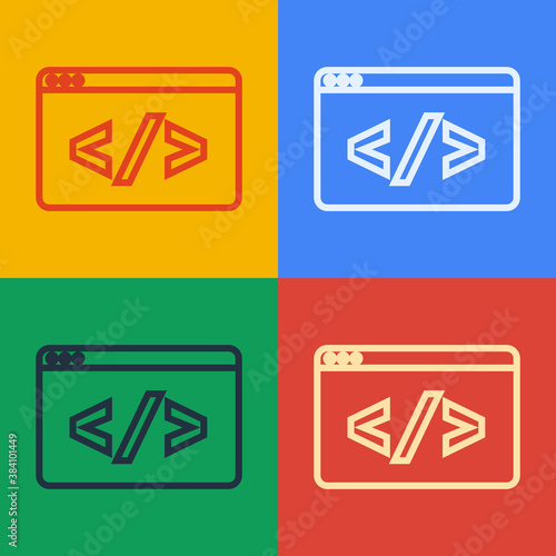 Pop art line Web design and front end development icon isolated on color background. Vector.