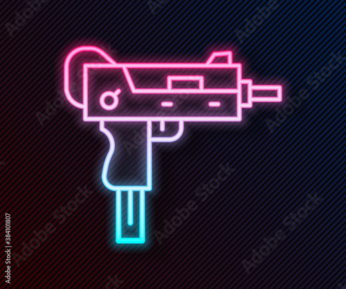 Glowing neon line UZI submachine gun icon isolated on black background. Automatic weapon. Vector.