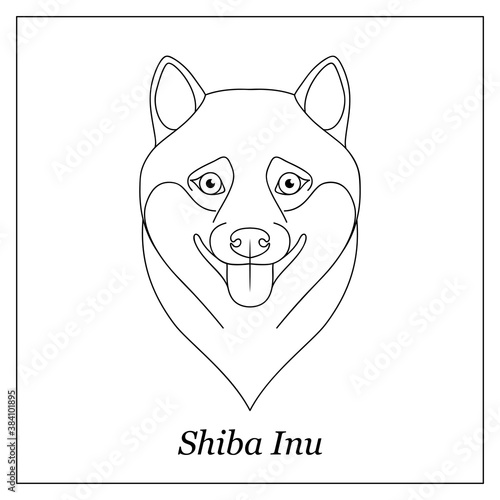 Isolated black outline head, portrait of shiba inu on white background. Happy dog. Curve lines. Page of coloring book.