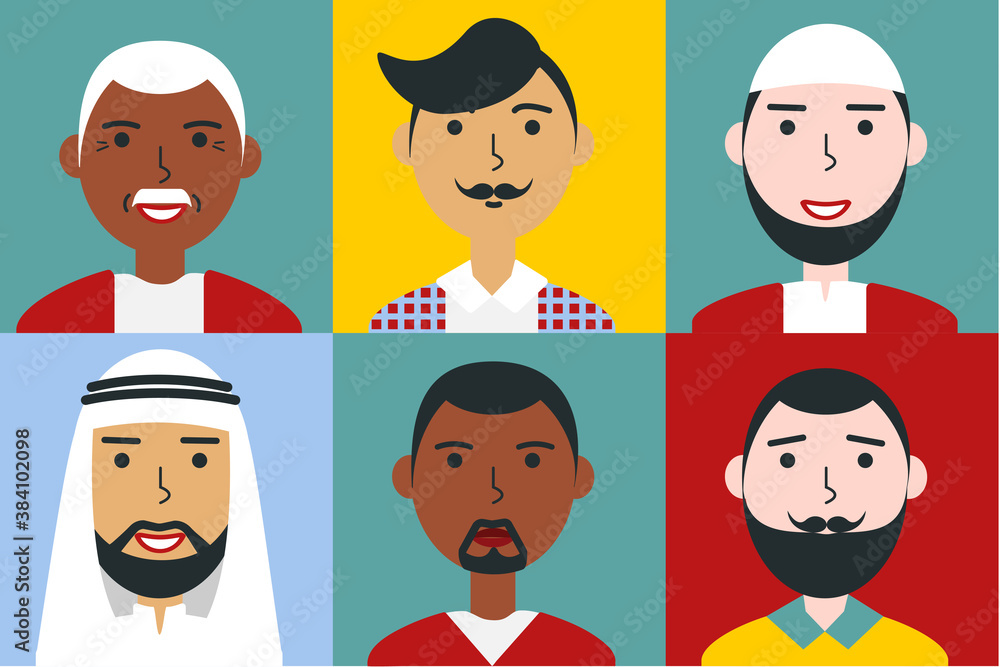 Set of flat men portraits, young and senior, African, Asian, Arab ethnicity. People face avatars, different lifestyle, hairstyle, cloth, emotions vector icons. Characters for web, video game, account. Set of flat men portraits, young and senior, African, Asian, Arab ethnicity. People face avatars, different lifestyle, hairstyle, cloth, emotions vector icons. Characters for web, video game, account.