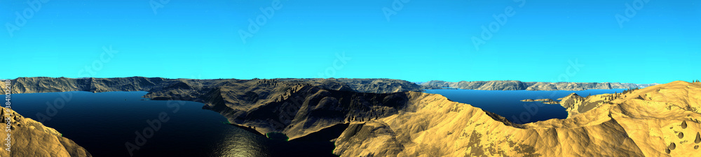 Alien Planet. Mountain and lake. Panorama. 3D rendering