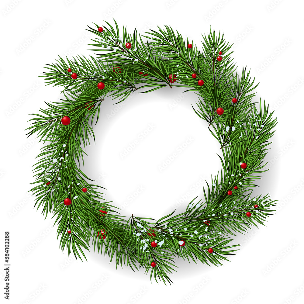 Christmas wreath, Garland on wooden background with snow and branches. Wood table. Christmas card, party template. Christmas holiday design, decor. Vector illustration. Christmas wreath, Garland on wooden background with snow and branches. Wood table. Christmas card, party template. Christmas holiday design, decor. Vector illustration.