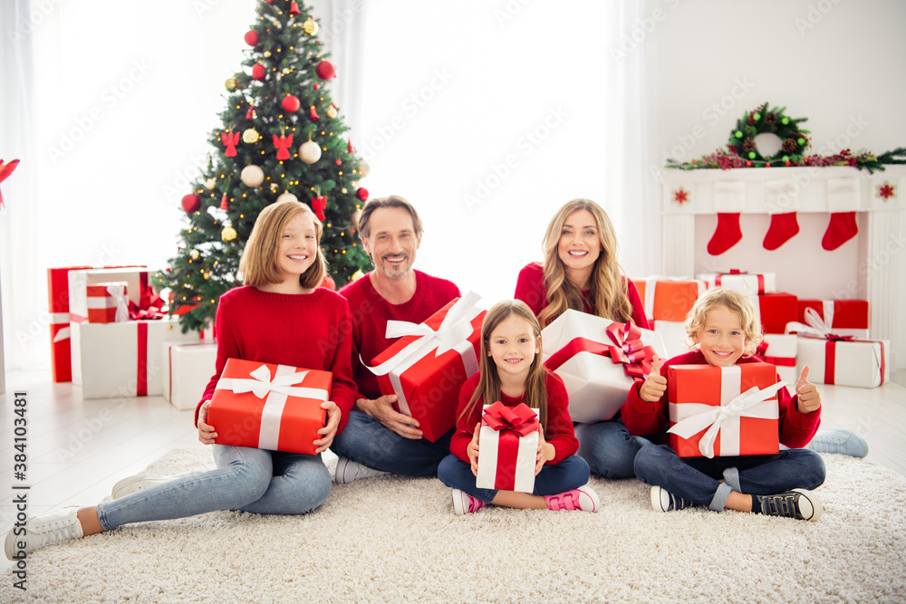 Photo of full big family five people meeting three little kids sit carpet floor hold presents boy show thumb-up wear red jumper in living room x-mas tree garland gift boxes indoors Photo of full big family five people meeting three little kids sit carpet floor hold presents boy show thumb-up wear red jumper in living room x-mas tree garland gift boxes indoors