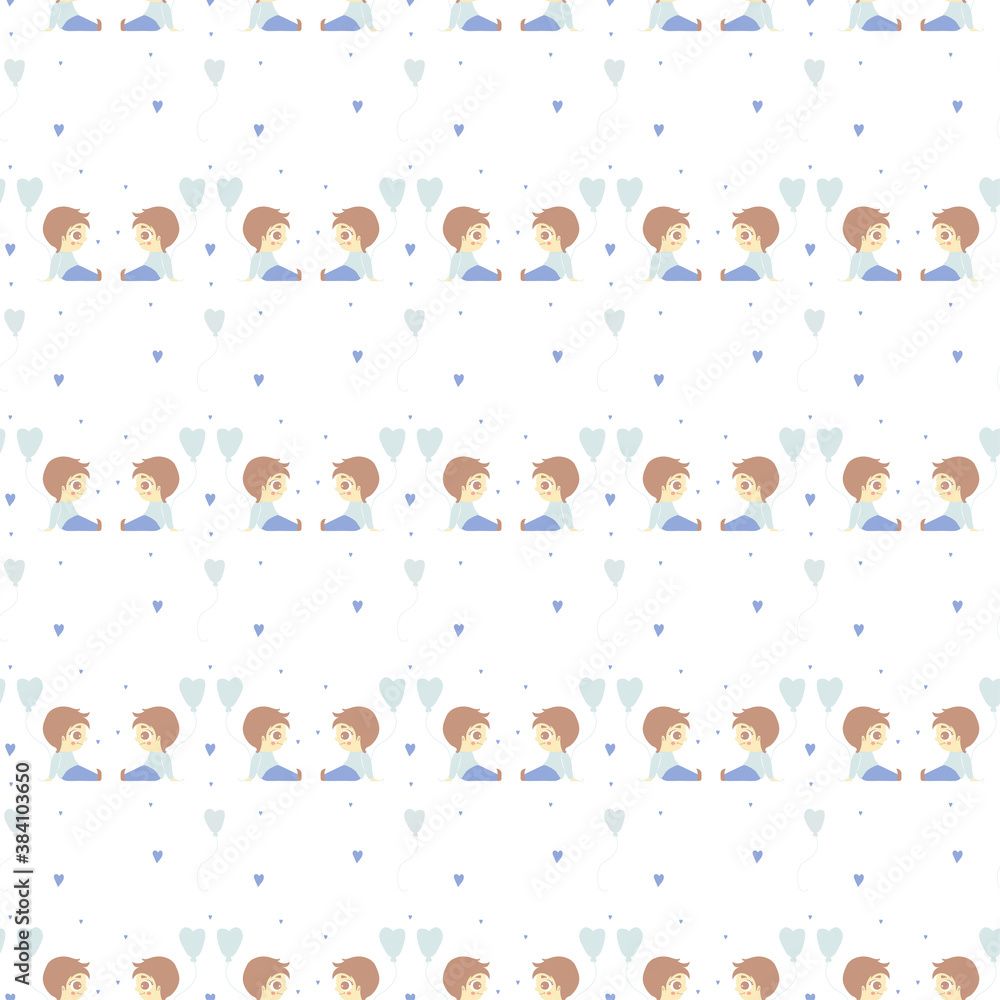 Seamless patterns. Romantic collection. Cute boys sit with balloons and look at each other on a white background with hearts. Vector. For valentines, design, textiles, packaging and printing Seamless patterns. Romantic collection. Cute boys sit with balloons and look at each other on a white background with hearts. Vector. For valentines, design, textiles, packaging and printing