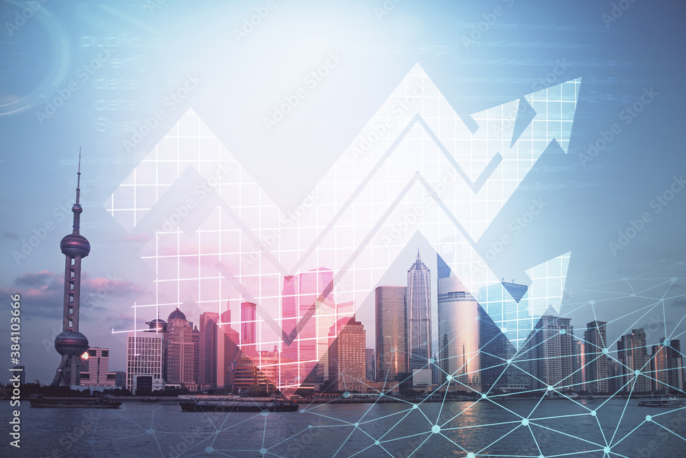 Double exposure of arrows growing up hologram and cityscape background. Concept of success. Double exposure of arrows growing up hologram and cityscape background. Concept of success.