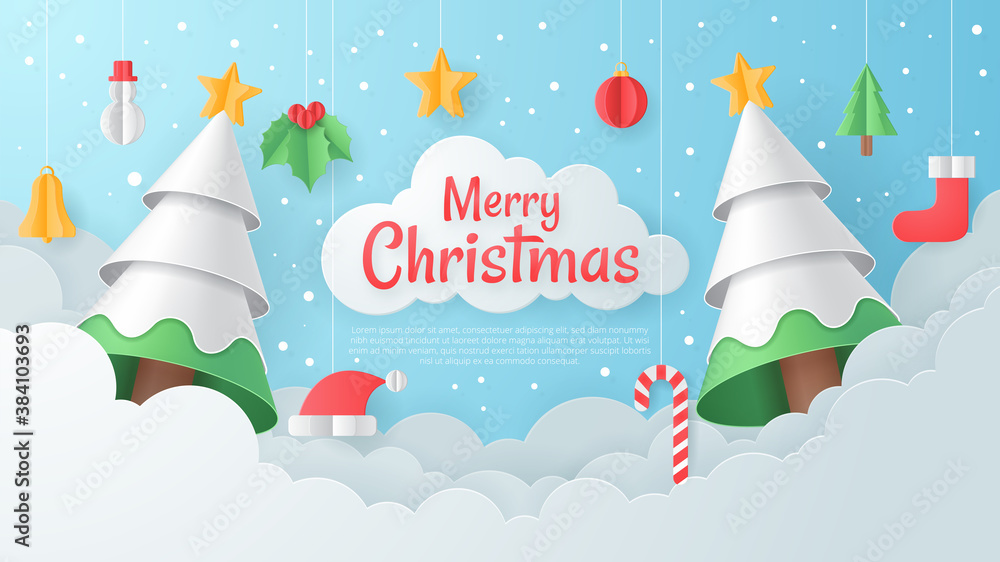 Naklejka Christmas greeting card with christmas element. Paper art vector. Vector illustration
