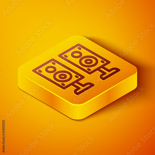 Isometric line Stereo speaker icon isolated on orange background. Sound system speakers. Music icon. Musical column speaker bass equipment. Yellow square button. Vector.
