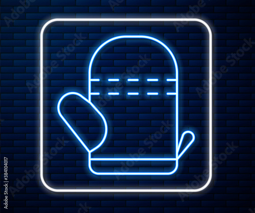 Glowing neon line Oven glove icon isolated on brick wall background. Kitchen potholder sign. Cooking glove. Vector.
