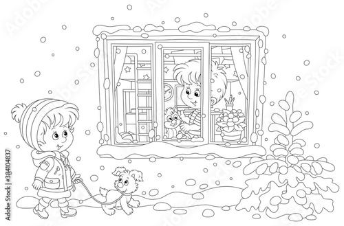 Cheerful little girl walking with a puppy on a snowy winter day, a little boy playing with a kitten and looking through a window of his room, black and white outline vector cartoon illustration