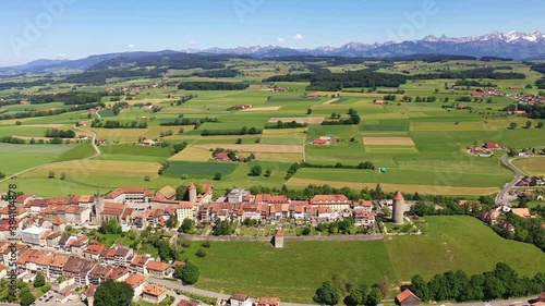 Aerial footage of the Romont medieval old town in Canton Fribourg in Switzerland on a sunny day photo