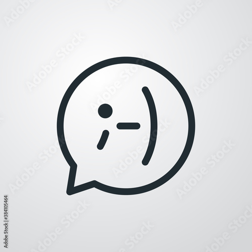 Simpatía. Logotipo lineal círculo burbuja de habla con tipografía como cara con ojo cerrado en fondo gris