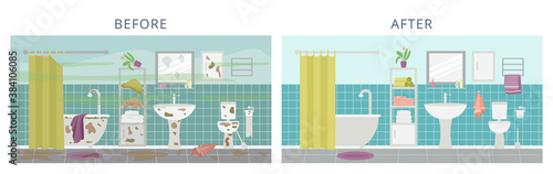 Clean and dirty modern bathroom interior a flat vector illustration