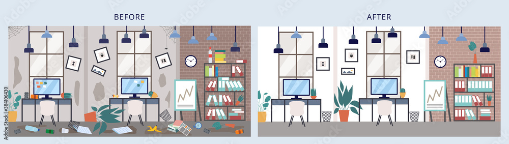 Banner with work office before and after cleaning a vector flat illustration Banner with work office before and after cleaning a vector flat illustration