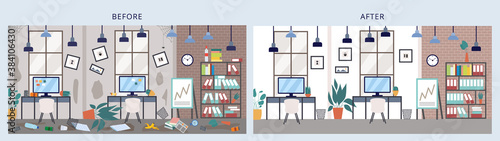 Banner with work office before and after cleaning a vector flat illustration