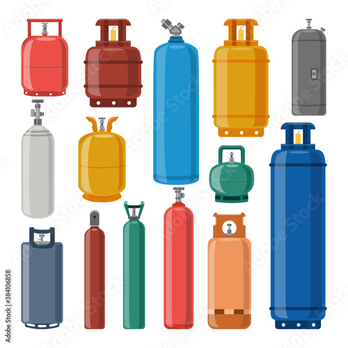 Set of gas cylinders of different colors and shapes a vector isolated illustration