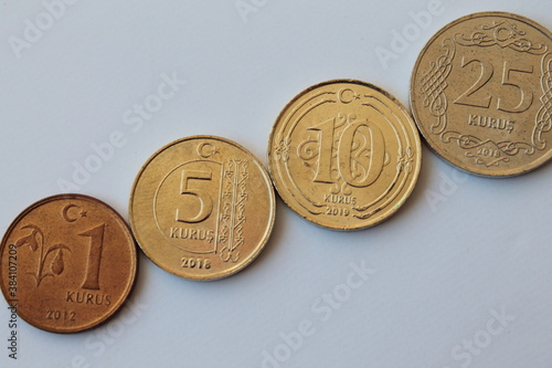 Turkish coins on a white background. Turkish lira.
