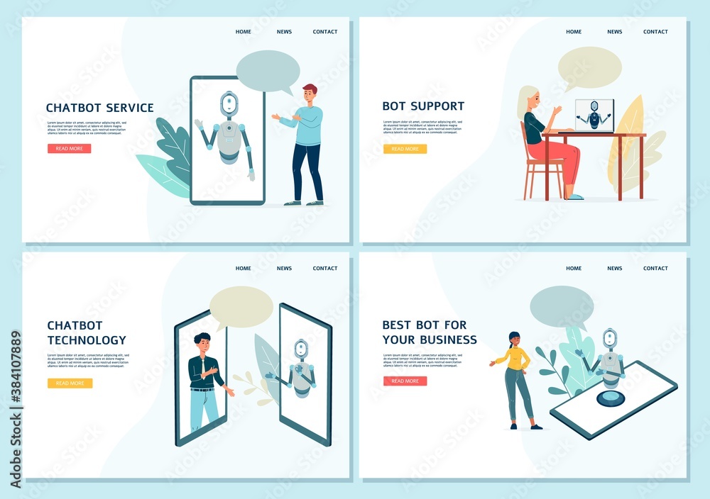 Chatbot service and virtual assistant web banners set flat vector illustration. Chatbot service and virtual assistant web banners set flat vector illustration.