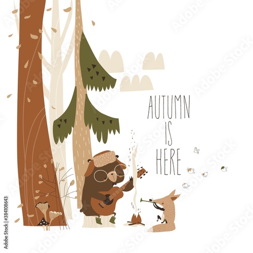 Cute fox with bear sitting by bonfire in autumn forest