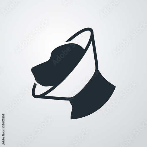 Logotipo cabeza de perro con collar isabelino en fondo gris