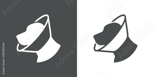 Logotipo cabeza de perro con collar isabelino en fondo gris y fondo blanco photo