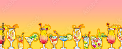 Cocktails in different glasses on a pink-orange background.