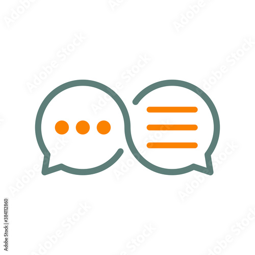 Concepto conversación. Logotipo lineal burbuja de habla como símbolo infinito con líneas y puntos en gris y naranja