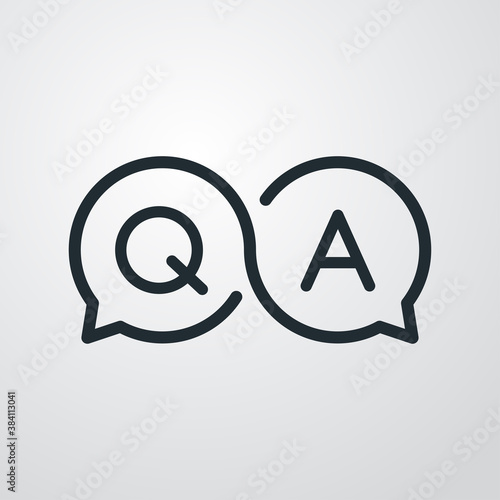 Pregunta y respuesta. Preguntas más frecuentes. Logotipo lineal con letras Q y A en burbuja de habla como símbolo infinito en fondo gris