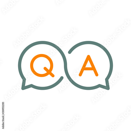 Pregunta y respuesta. Preguntas más frecuentes. Logotipo lineal con letras Q y A en burbuja de habla como símbolo infinito en gris y naranja