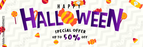 Happy Halloween Promo Sale Banner with Geometric Pattern and Halloween Candy an use for Poster, Banner, Special Offer, Discount