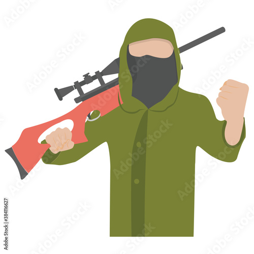 
A male with face mask and gun, terrorist 
