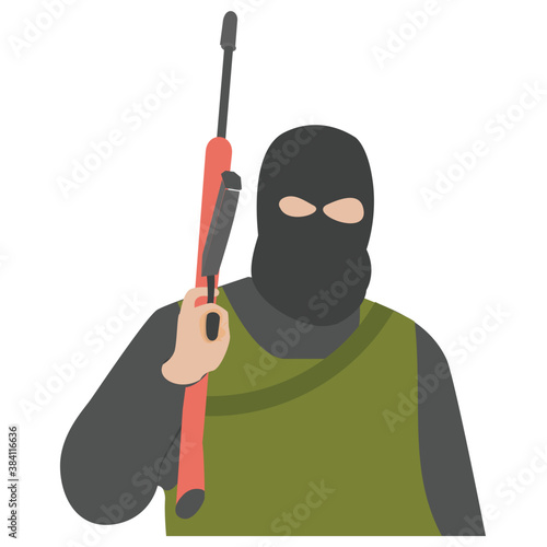 
A male with face mask and gun, terrorist 
