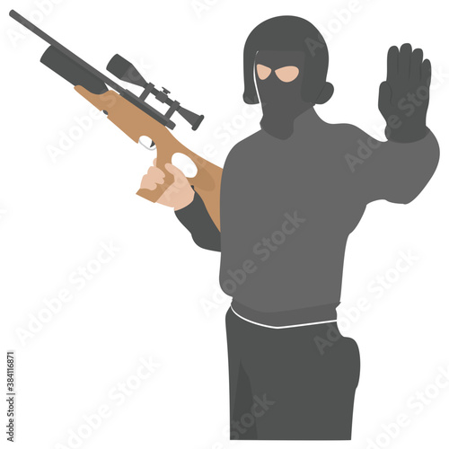  A male with face mask and gun, terrorist 