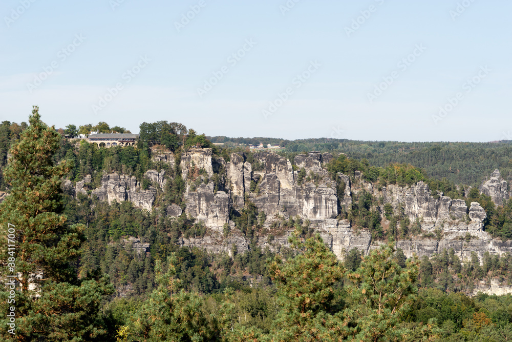 Rocks landscape of the Bastei rocks in Rathen. Saxon Switzerland. Saxony. Germany