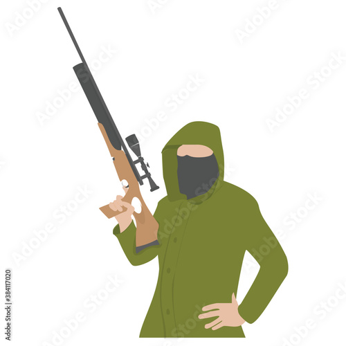 
A male with face mask and gun, terrorist 
