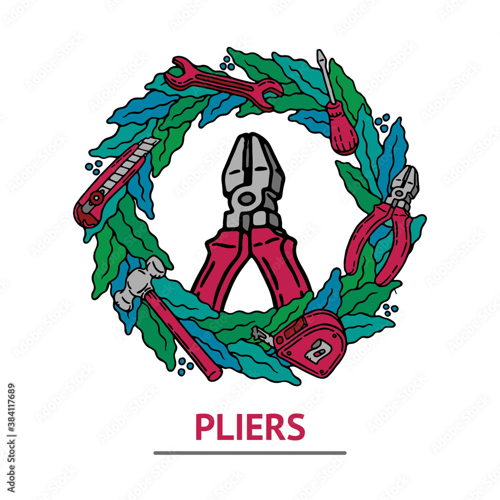 Fototapeta premium Hand drawn blue and green wreath with the set of construction tools with screwdriver, office knife, spanner, hammer, tape measure and pliers. Builder and worker day set. Work Day.