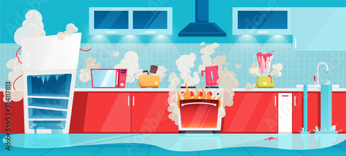 Broken Household Appliances Kitchen Interior Composition