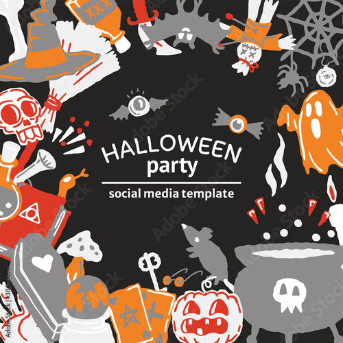 Halloween party promo sale social media template with magic elements. Cauldron with potion, magic hat, bat, skull, candle, pumpkin, magic ball, cards, ghost. Poster, banner, special offer.