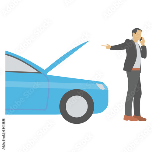 
Man standing with the heated car showing the icon of out of order car 
