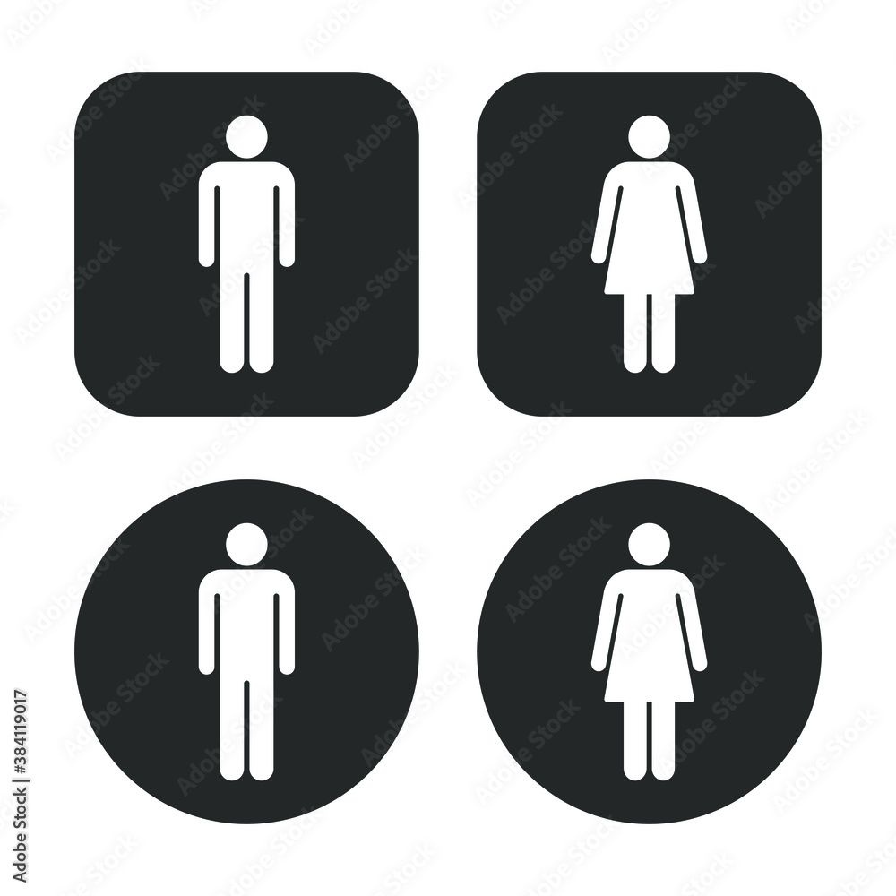 Man and woman avatar icon set. Male and female gender profile symbol. Men and women wc logo. Toilet and bathroom sign. Black silhouette isolated on white background. Vector illustration image. Man and woman avatar icon set. Male and female gender profile symbol. Men and women wc logo. Toilet and bathroom sign. Black silhouette isolated on white background. Vector illustration image.