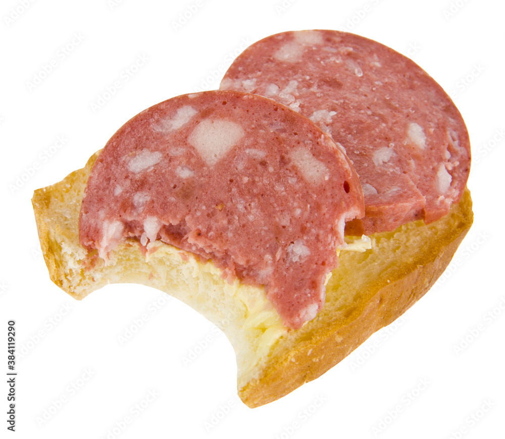 sandwich with bread and sausage isolated on white