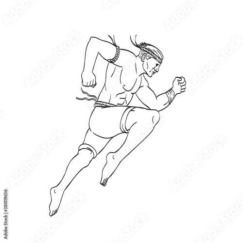 Muay Thai or Thai Boxing Fighter Jumping Striking with Knee Side Tattoo Style Black and White