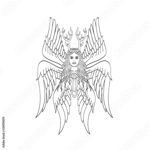 Seraph or Seraphim a Six-Winged Fiery Angel with Six Wings and Deer Antlers Tattoo Style Black and White