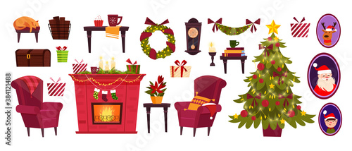 Christmas and New Year collection with holiday objects in cartoon style.X-mas illustration set with cozy furniture, decorated pine tree, fireplace, Santa.Christmas vector collection with wreath, gifts