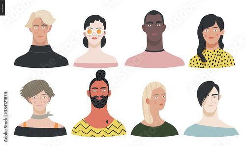 Beautiful people portrait -hand drawn flat style vector design concept illustration of a young people, men and women, face and shoulders avatar, various races and nationalities. Flat style vector icon