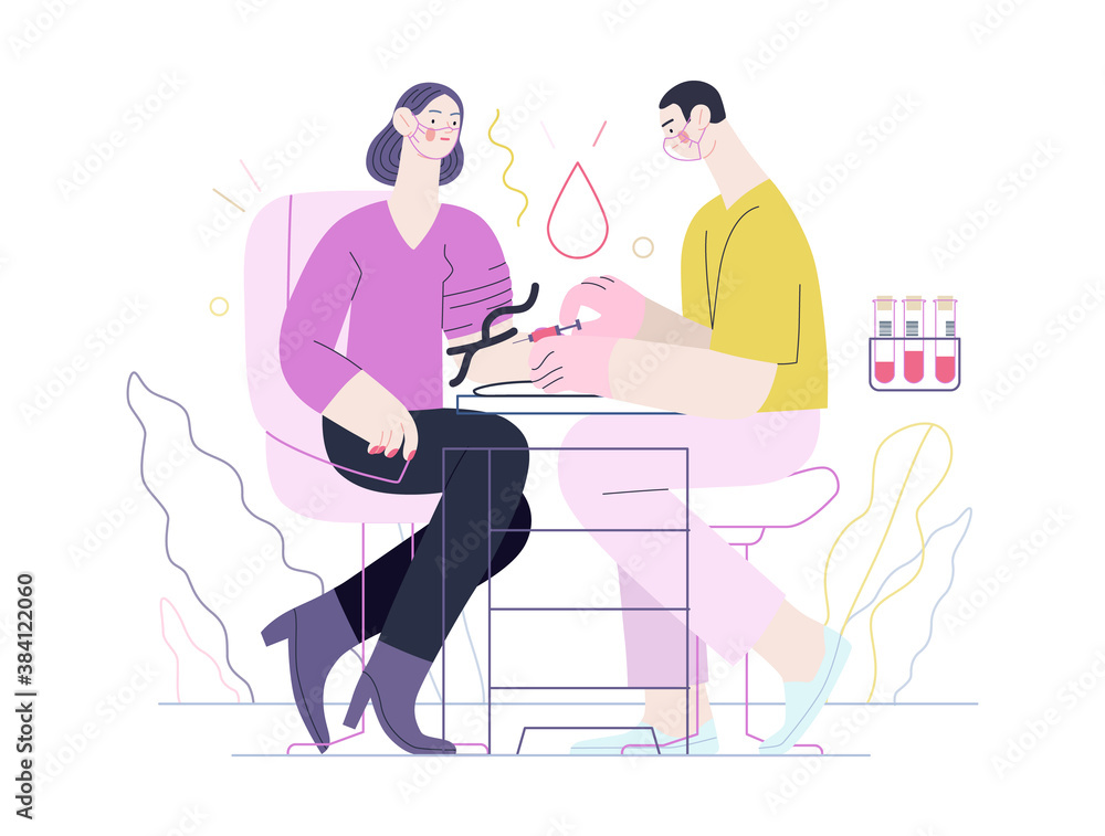 Medical tests illustration - blood test - modern flat vector concept digital illustration of blood test procedure - a patient and doctor with a syringe and test tubes, the medical office or laboratory Medical tests illustration - blood test - modern flat vector concept digital illustration of blood test procedure - a patient and doctor with a syringe and test tubes, the medical office or laboratory